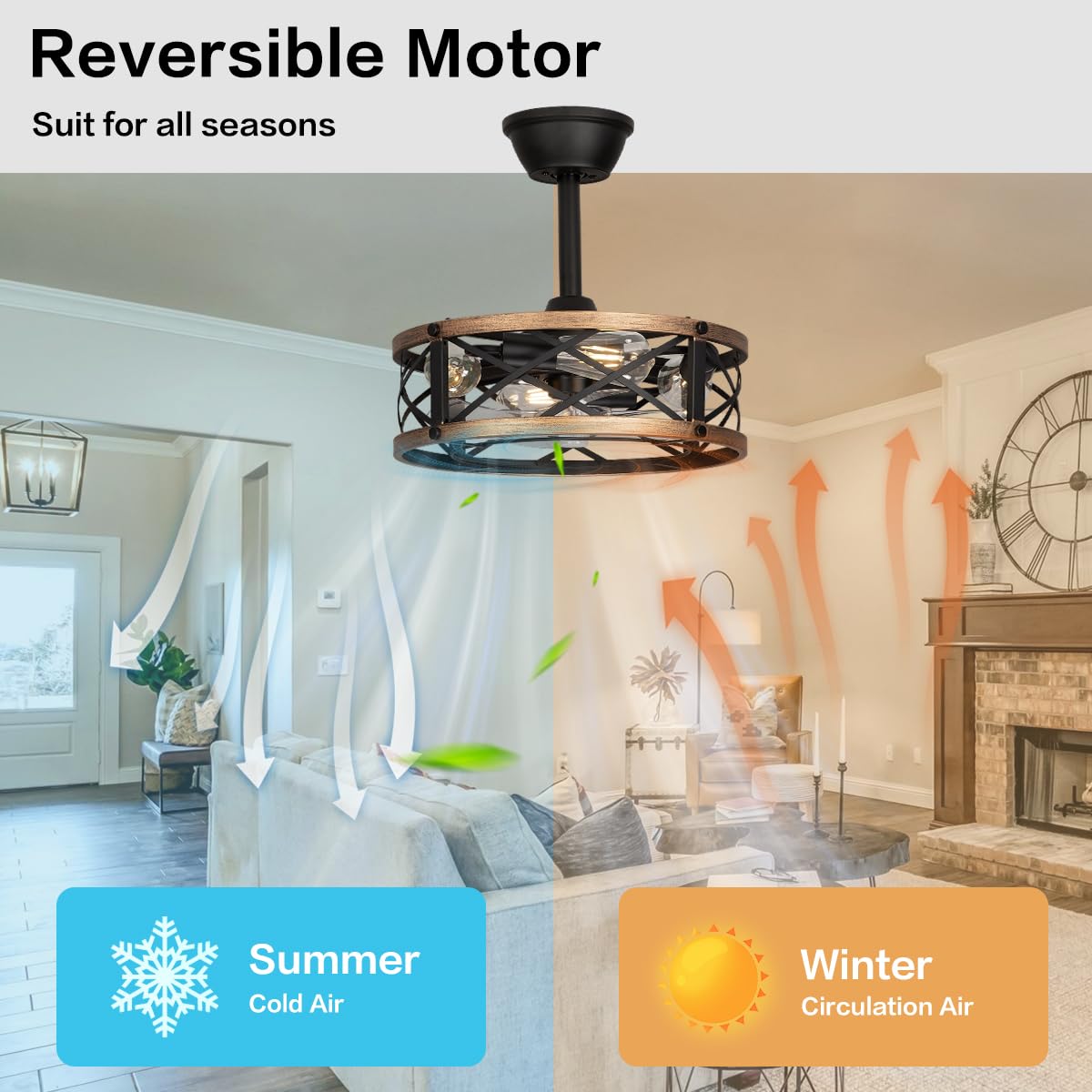 SabvioZh 16.5" Farmhouse Caged Fandelier Ceiling Fan with Light, Rustic Bladeless Small Ceiling Fans with Lights and Remote, Modern Enclosed Ceiling Fan with Light for Kitchen, Bedroom, Small Room SabvioZh