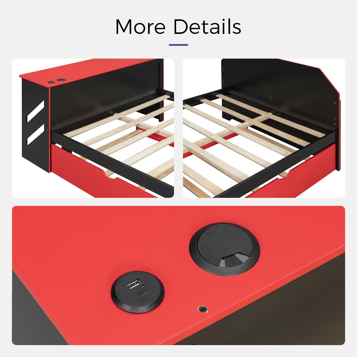 Hennhari Full Size Bed with Twin Trundle and Charging Station, Gaming Flair Wood Bed Frame with Desk and USB Charging for Bedroom or Study Rooms, No Box Spring Needed (Red) Hennhari