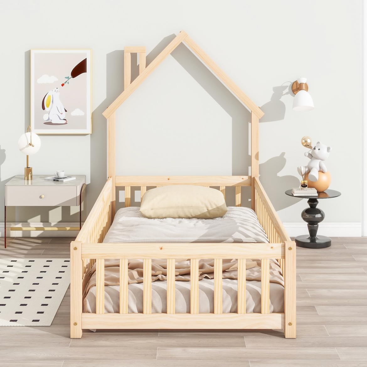 TURRIDU Twin Size Montessori House-Shaped Floor Bed with Fence & Door in Natural Wood TURRIDU