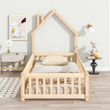 TURRIDU Twin Size Montessori House-Shaped Floor Bed with Fence & Door in Natural Wood TURRIDU