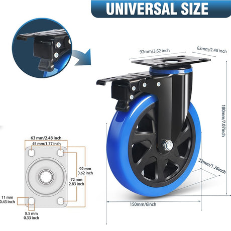 6 Inch Caster Wheels 2800lbs, Hands-Free A/B Brake Locking Casters, Heavy Duty Casters Set of 4, Silent Polyurethane Plate Castor Wheels for Cart, Furniture, Workbench(2 Hardware Kits Included) ENYKE