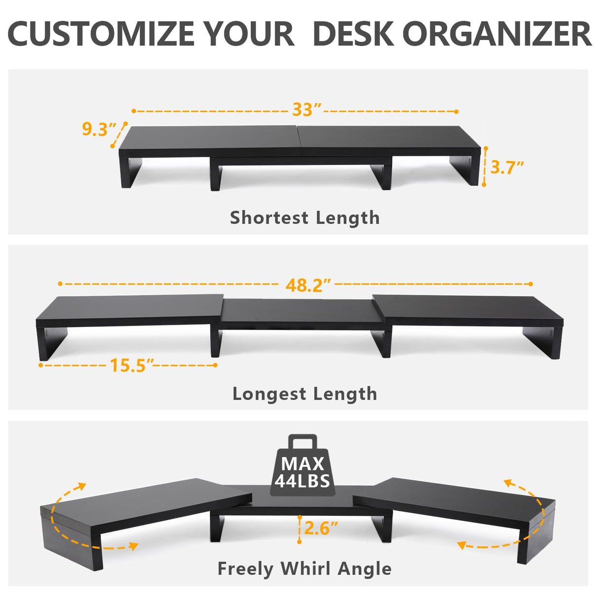 TAVR Dual Monitor Stand Riser Office Desktop Organizer Stand for 2 Monitors, Adjustable Length and Angle 3 Shelf, Extra Long Multifunctional Stand up to 48.2" fit Computer, Laptop, TV, Black TAVR Furniture