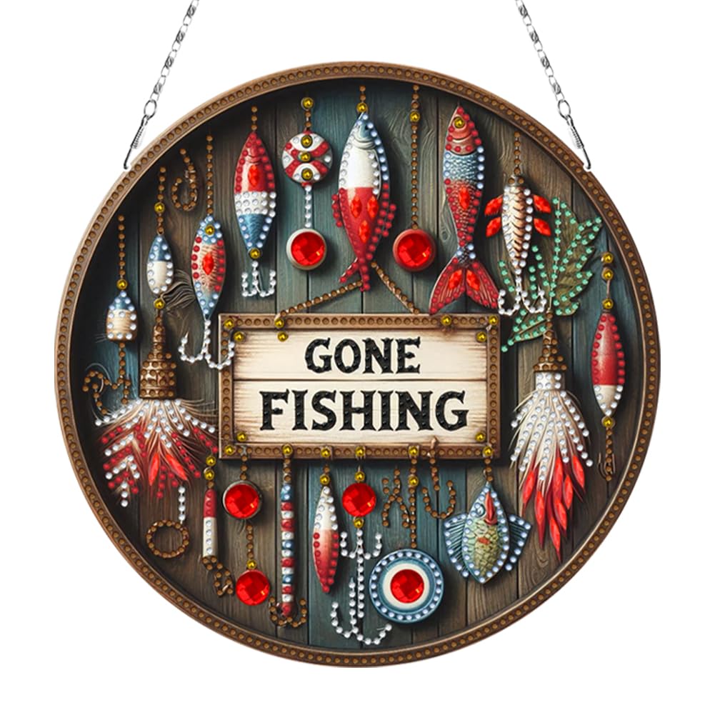 POETRYDRAW DIY Hanging Diamond Art Pendant Kit Outdoor Fishing, Special Crystal Diamonds Painting Ornament for Adults, 5D Diamond Art Suncatchers Double Sided Board Gem Painting Box Kit POETRYDRAW