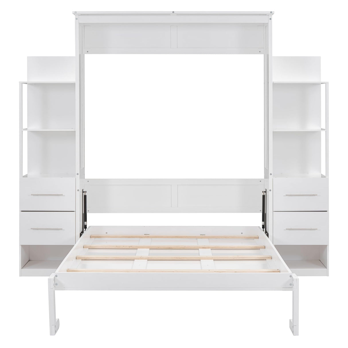 Ball & Cast Murphy Bed Full Size,Wall Bed with Shelves,can be Folded,Wood Cabinet Hideaway Bed Frame W/Drawers and LED Lights,Slat Support,for Kids Bedroom,Student,White Ball & Cast