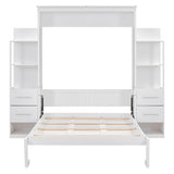 Ball & Cast Murphy Bed Full Size,Wall Bed with Shelves,can be Folded,Wood Cabinet Hideaway Bed Frame W/Drawers and LED Lights,Slat Support,for Kids Bedroom,Student,White Ball & Cast