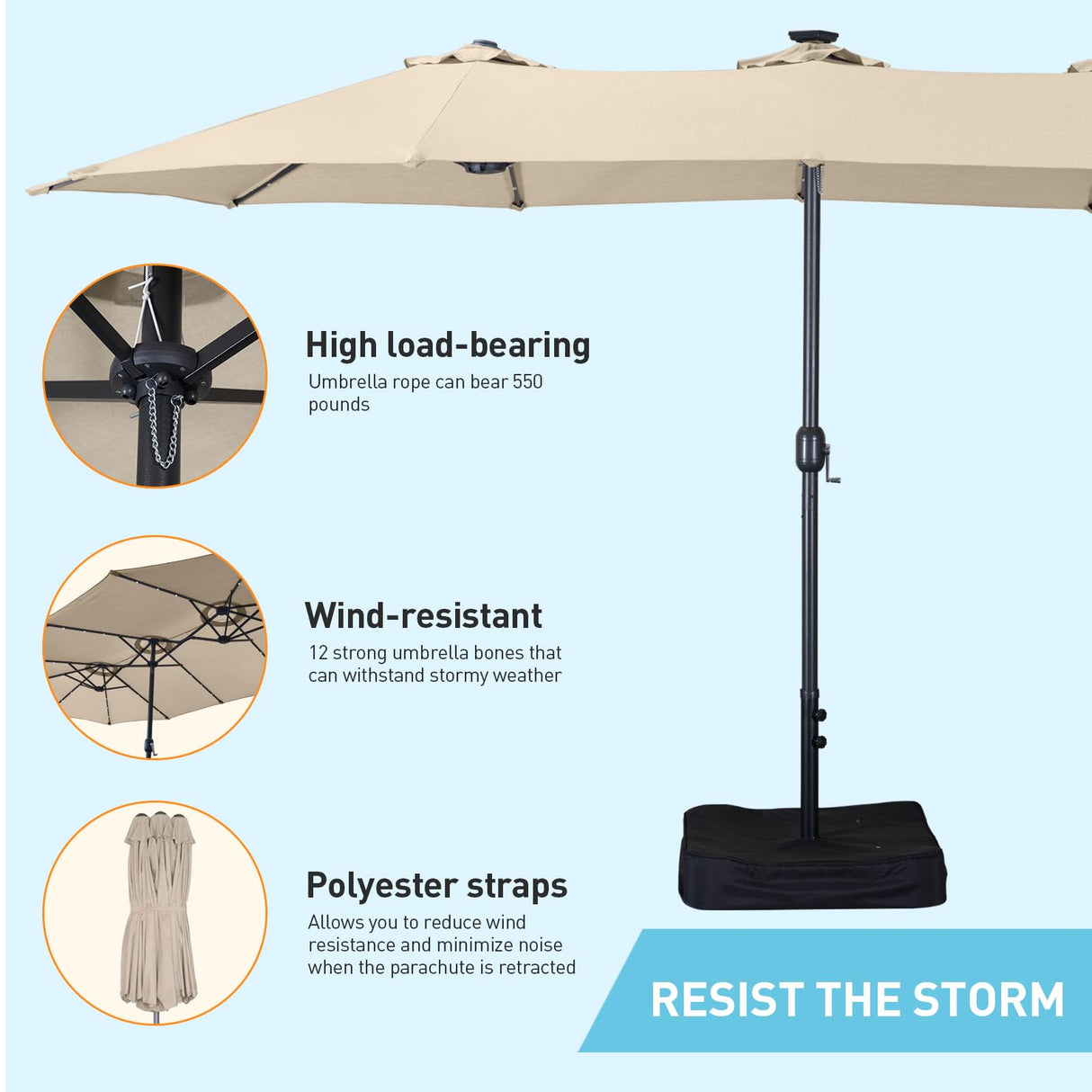 Caprihom 15ft Patio Umbrella with Base Included, Double Sided Outdoor Large Rectangular Patio Umbrella with Crank Handle, for Lawn Garden, Khaki Caprihom