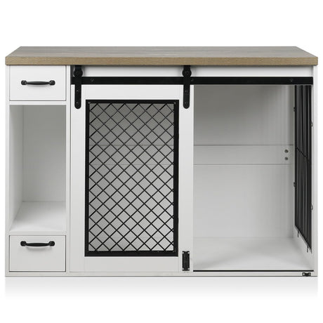 Large Dog Crate, Dog Crates for Medium Dogs, 47.2" Dog Kennel Indoor with Drawers, Feeder Bowls and Storage, 2 Sliding Doors, Heavy Duty Dog Crate Farmhouse Modern Side End Table for Small Medium Dogs okcomuy