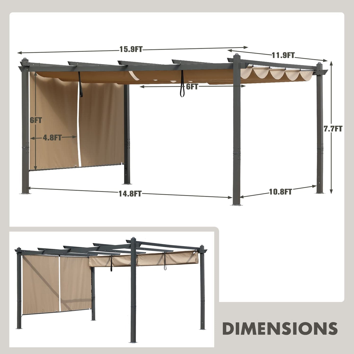 BPS 16 x 12 FT Outdoor Pergola with Retractable Shade Canopy, Dark Gray Matte Aluminum Frame, 2 Pieces Roller Shade Curtain, Grape Trellis Pergola for Patio Backyard and Deck - Khaki