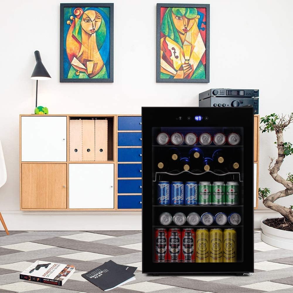 Kismile 4.5 Cu.ft Beverage Refrigerator and Cooler, 145 Can Mini Fridge Glass Door,Digital Temperature Display for Soda, Beer or Wine, Small Drink Dispenser Cooler for Home, Office or Bar(Black) Kismile