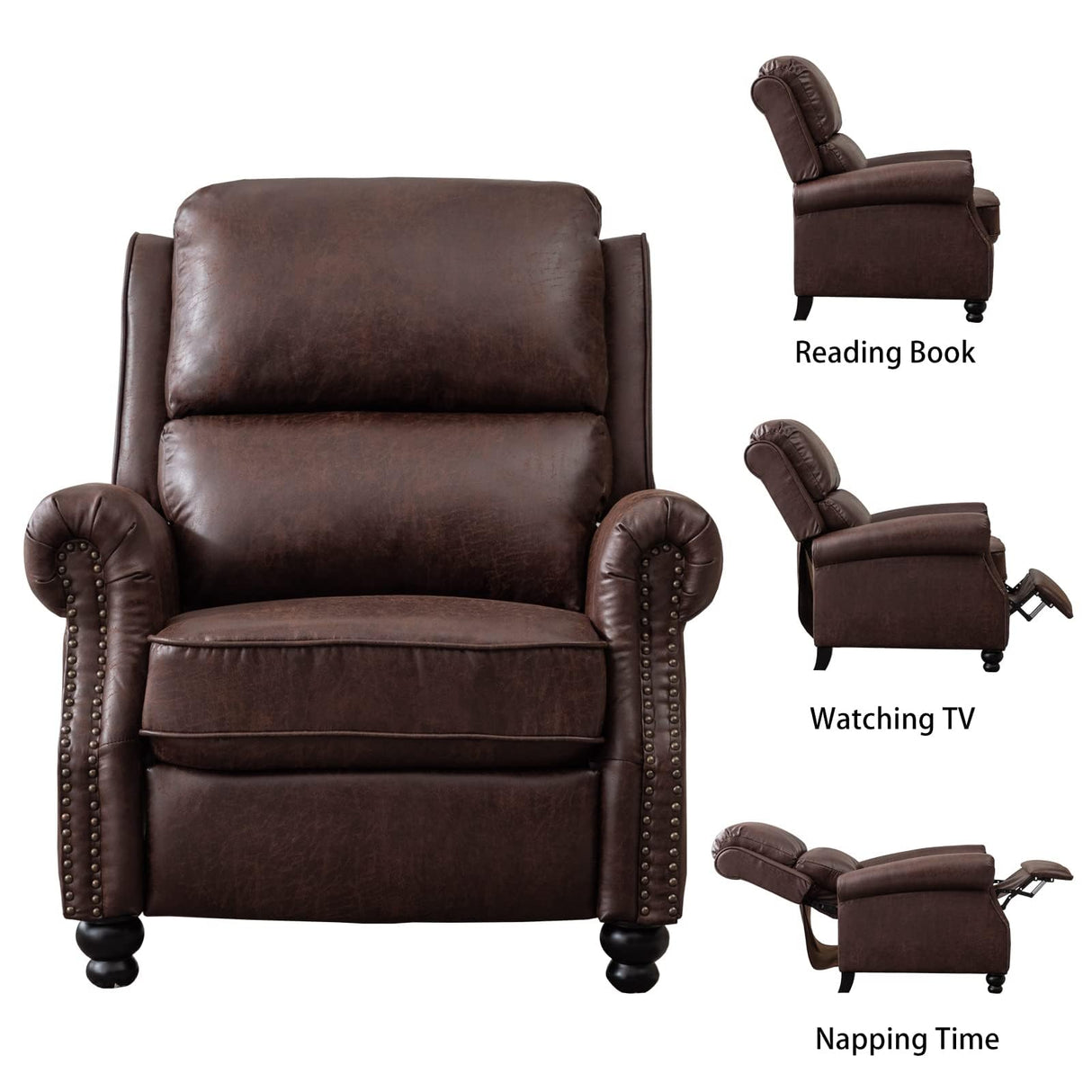 CANMOV Pushback Recliner Chair Faux Leather Armchair Push Back Recliner with Rivet Decoration Single Sofa Accent Chair for Living Room, Reddish Brown CANMOV