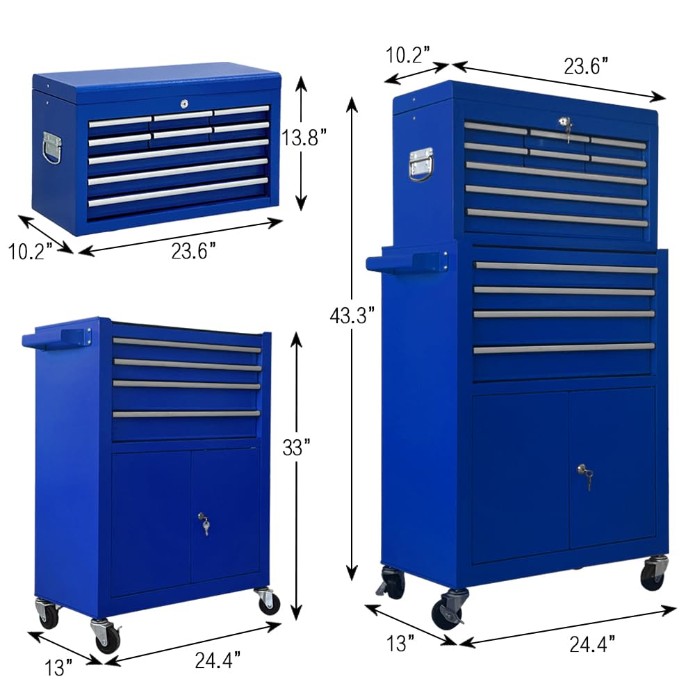 Kirmosal 13-Drawer Tool Chest with Double Door Handle,2 in 1 Detachable Rolling Tool Chests with Wheels and Drawers,Large Tool Box with Lock,Mobile Steel Tool Cabinet Storage (Blue) Kirmosal