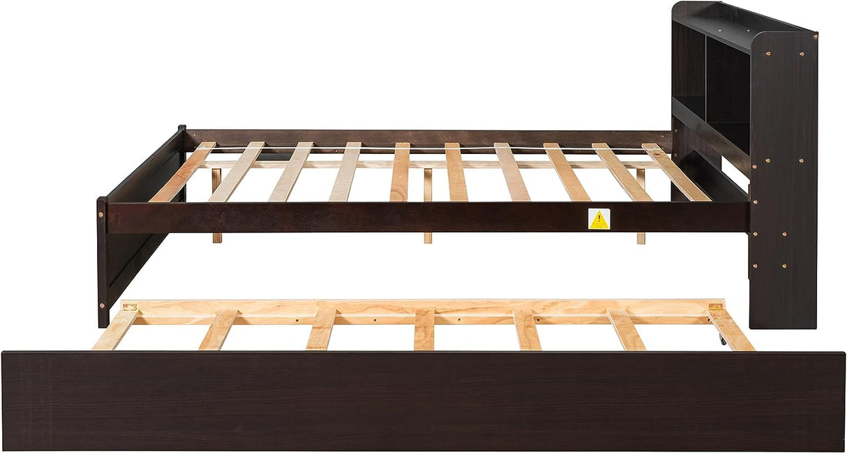 Harper & Bright Designs Full Bed Frame with Trundle, Full Trundle Bed with Bookcase Headboard, Wood Full Size Platform Bed with Twin Trundle Bed Under for Kids Girls Boys, Espresso Harper & Bright Designs