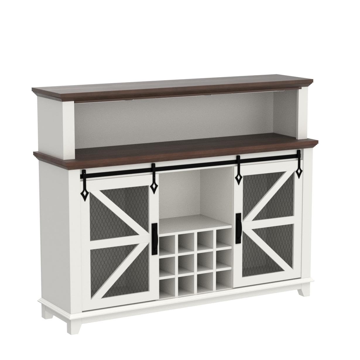 OKD Farmhouse Coffee Bar Cabinet with LED Lights, 55" Sideboard Buffet Table w/Sliding Barn Door & Wine and Glass Rack, Home Liquor Bar w/Storage Shelves for Dining Room,Antique White