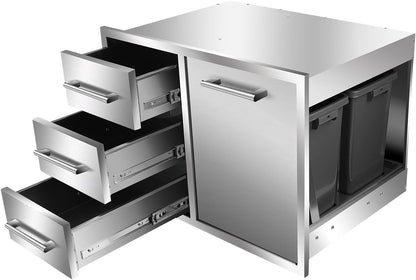 Outafurnia Outdoor Kitchen Drawer Combo 28" W x 19.6“D x 20.1" H,Access Trash Drawer Combo with Stainless Steel Handles Outdoor Kitchen Triple Drawer for BBQ Island,Grilling Station