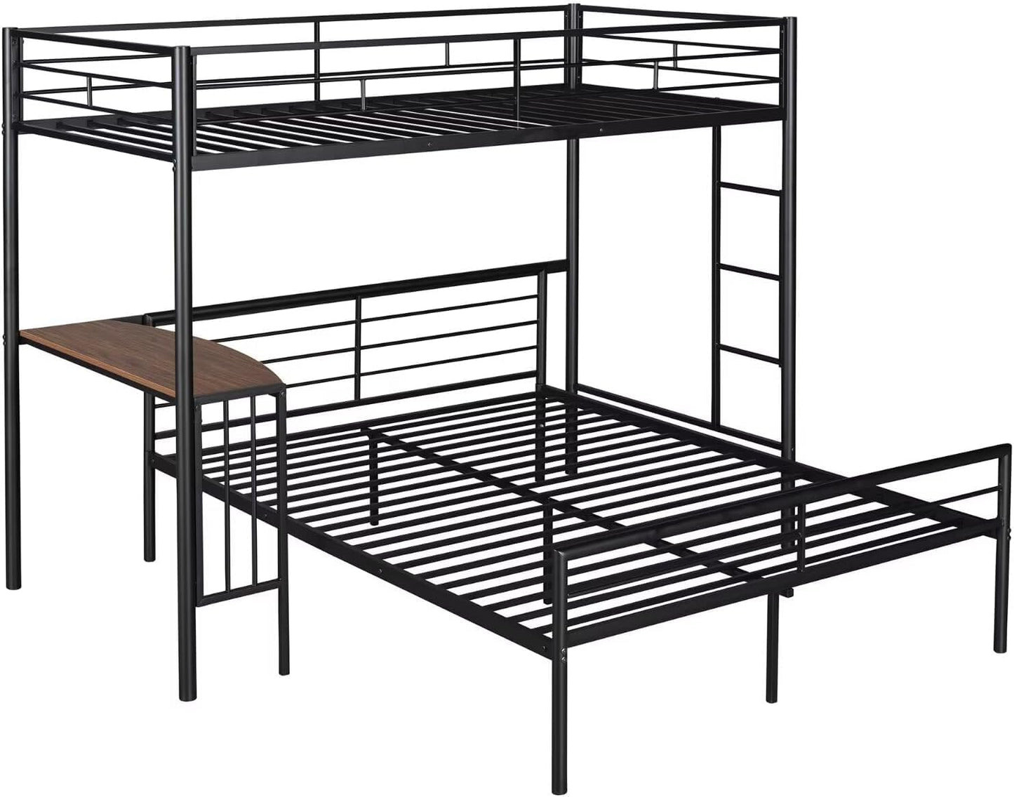 Twin Over Full Bunk Bed, Metal L-Shaped Bunk Bed Frame with Desk, Guardrail and Ladder, Space Saving Bed for Boys Girls, Convertible Into Twin Loft Bed & Full Platform Bed, Noise Free, Black