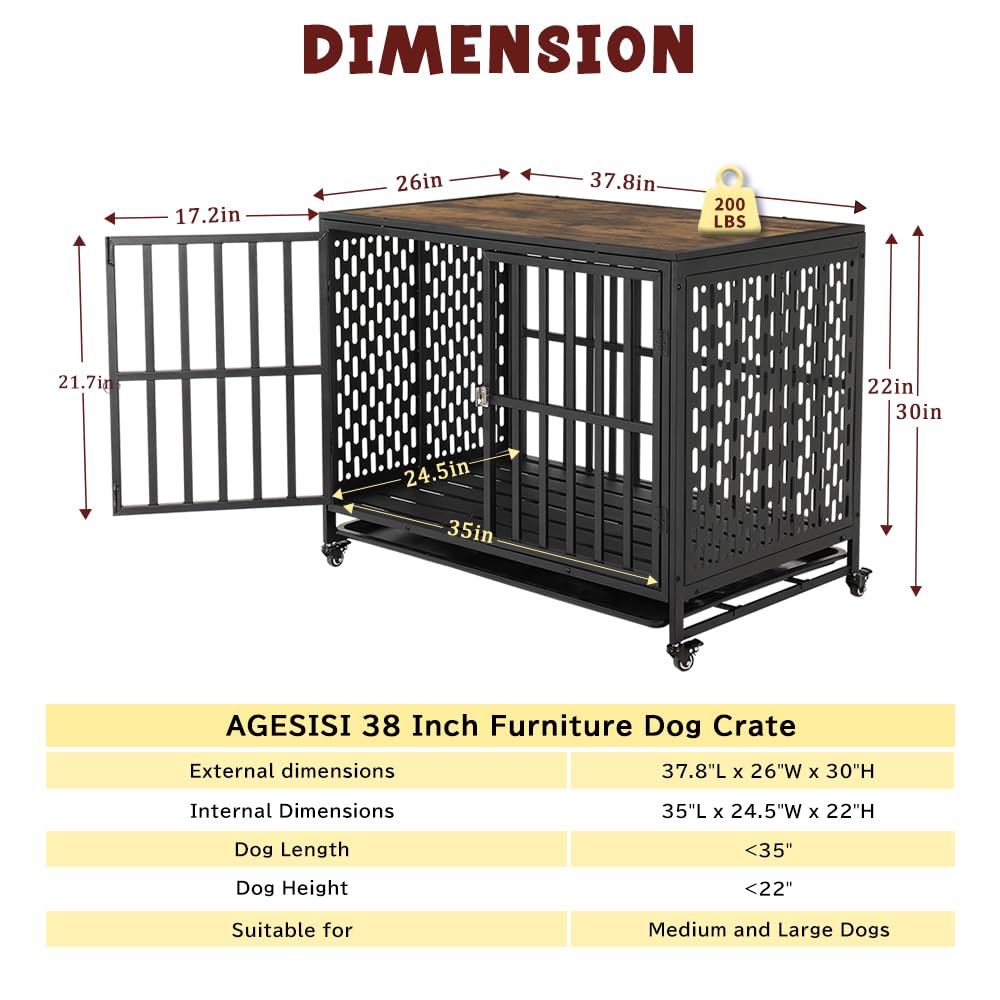 AGESISI Dog Crate Furniture 38” Dog Kennel Indoor with Removable Tray, Decorative Pet Crate for Medium/Large Dogs, XL Wooden Dog Cage with 4 Lockable Wheels, Chew Resistant, Black