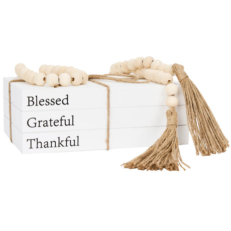 OMISHE Decorative Books for Home Decor, White Faux Books for Decoration, Decor Books, Fake Books, Rustic Farmhouse Stacked Display Books with Wood Bead Garland for Coffee Tables Living Room (Blessed) OMISHE