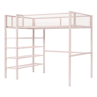 Merax Twin Size Metal Loft Bed with 4-Tier Shelves and Storage, Twin Loft Bed Frame for Dorm, Boys & Girls, Teens, No Box Spring Needed, Pink