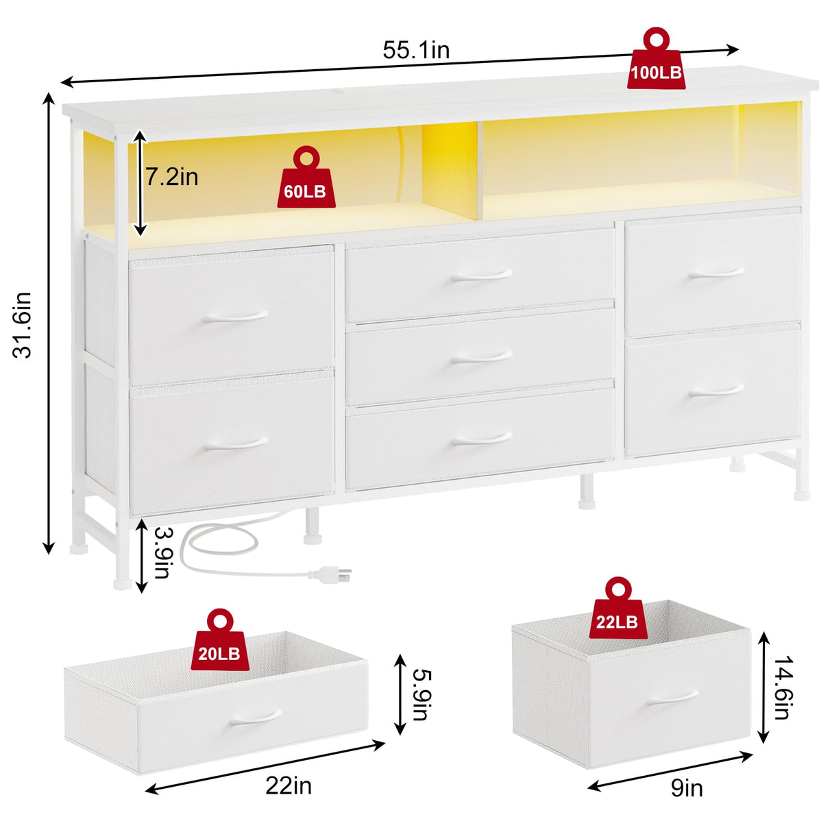 Fixwal 55 Inch Dresser TV Stand with Power Outlets and LED Lights, White Long Dresser for Bedroom with 7 Fabric Drawers, Large Dresser TV Stand for Up to 65 Inch TV, Chest of Drawers for Bedroom White Fixwal