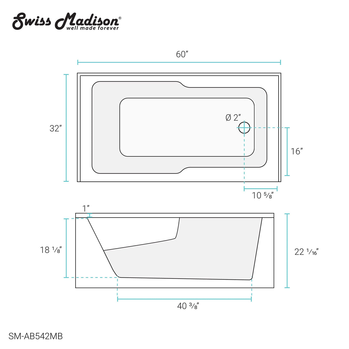 Voltaire 60 in. x 32 in. Acrylic Matte Black, Skirted Alcove, Integral, Right-Hand Drain, Apron Bathtub Swiss Madison