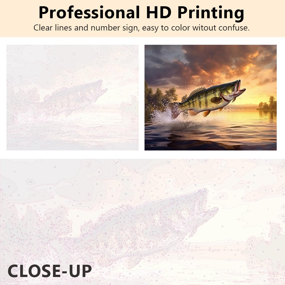 TUMOVO Largemouth Bass Paint by Numbers for Adults Fish Jumping Out of Water DIY Oil Paint by Number On Canvas Yellow Theme Painting Art Crafts Acrylic Paints for Home Decor Painting Gift 16"x20" TUMOVO