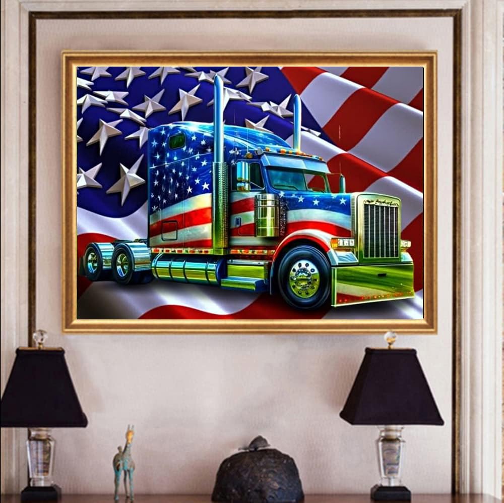 Generic DIY 5D Diamond Art Painting Kits for Adult, US Flag Truck Full Round Drill Cross Stitch Embroidery Kits for Home Wall Decor Gifts(16x12inch/40×30cm), ZHILAI001 WoodArtSupply