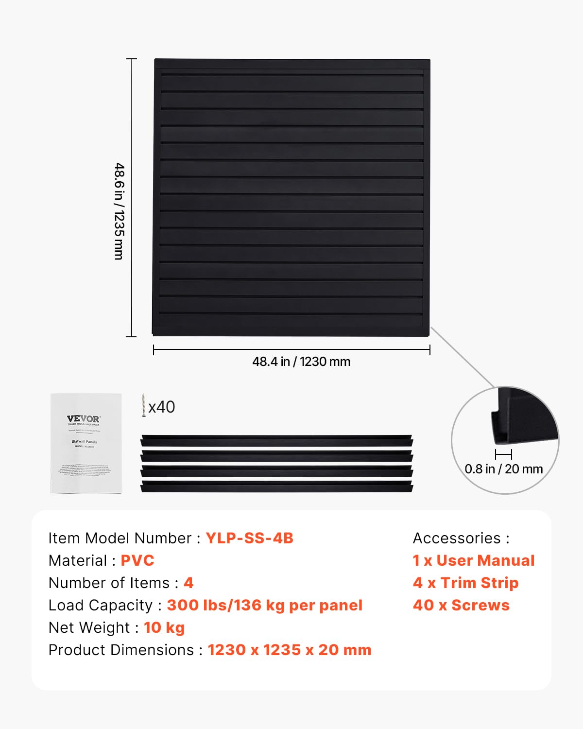 VEVOR Slat Wall Paneling, 4 x 4 ft, PVC Garage Slatwall with Modular Design, Black Slat Wall Easy-to-Install Adjustable Slatwall Panel with Coupling Structure & DIY Cutting, Fits for Storage & Display VEVOR