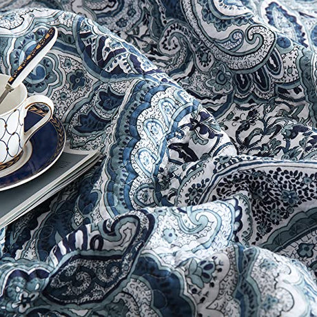 Autumn Dream Cotton Bedspread Quilt Sets, 3 Pieces Reversible Comforter Coverlet Sets,Blue Floral Paisley Bedspread,King Size Autumn Dream