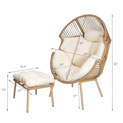 Barton 2-Pieces Stationary Wicker Egg Chair Oversized Egg Seat 350lbs Teardrop Cuddle Cocoon Chair Egg Basket Lounge Chair with Ottoman Indoor/Outdoor, Beige