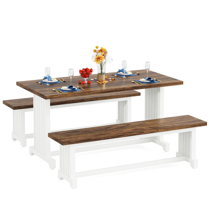 Tribesigns 47" Dining Table Set for 4, 3-Piece Kitchen Room Table with 2 Benches, Farmhouse Wood Dinner Furniture for Small Space, Home Living Room, White & Rustic Brown