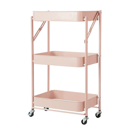 Urban Lifestyle 3 Tier Foldable Metal Rolling Storage Utility Cart, No Tools Assembly, Blush Urban Lifestyle