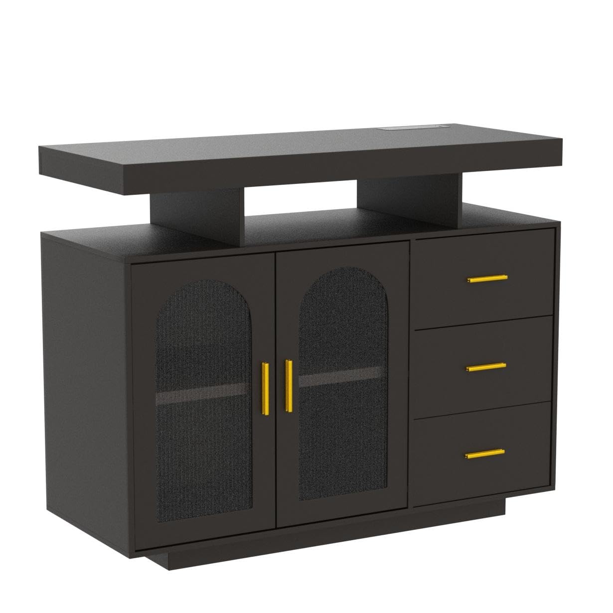 HWB Black RGB LED Coffee Bar Cabinet with Large Storage & Charging Station for Kitchen and Dining Room - WoodArtSupply