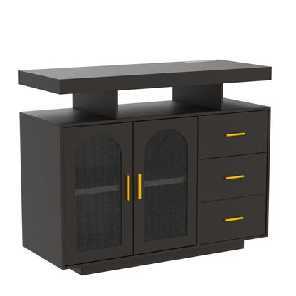 HWB Black RGB LED Coffee Bar Cabinet with Large Storage & Charging Station for Kitchen and Dining Room - WoodArtSupply