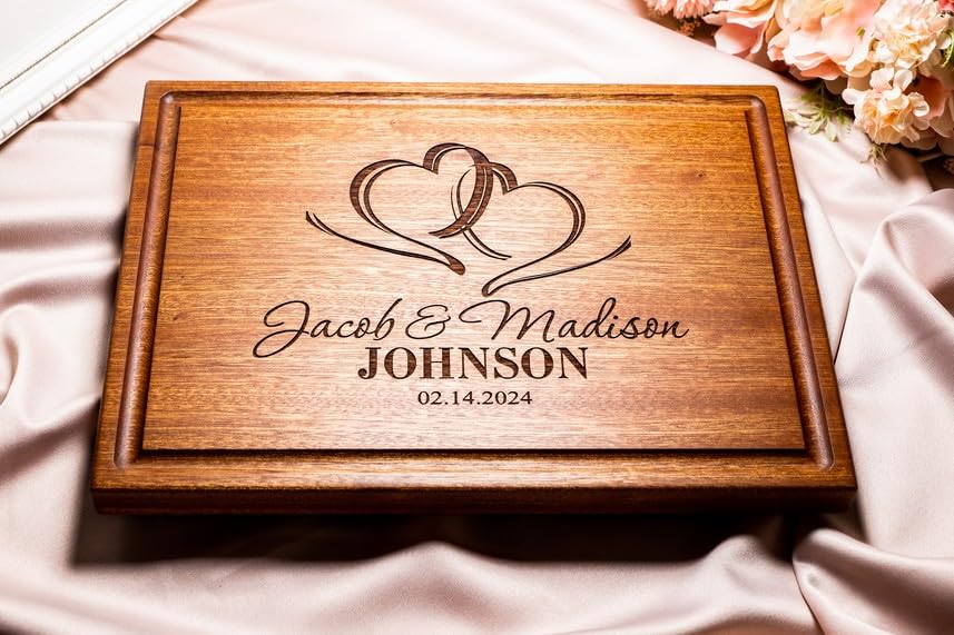 Personalized Cutting Board, Custom Wedding, Anniversary or Housewarming Gift Idea, Wood Engraved Charcuterie, for Newlyweds and Couples, Two Hearts Design 027 Wedding Gift Boutique