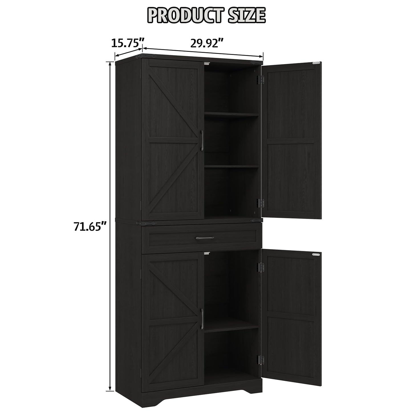 72" Tall Kitchen Pantry Storage Cabinet, Farmhouse Storage Cabinet with Organizer, Large Capacity Storage Cabinet with Drawer,Freestanding Cupboard for Kitchen, Dining Room, Living Room, Black