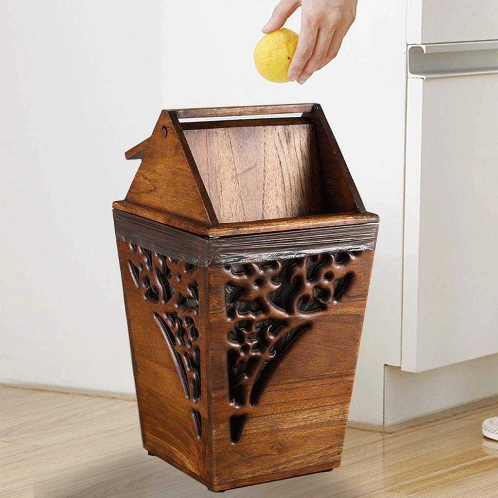 liangzishop Trash Can Waste Bin Antique Wooden Trashbin Shake Cover Teak Waste Bin Hand Hollow Carved Trash Can Indoor Solid Wood Trash Box 3.2 liangzishop