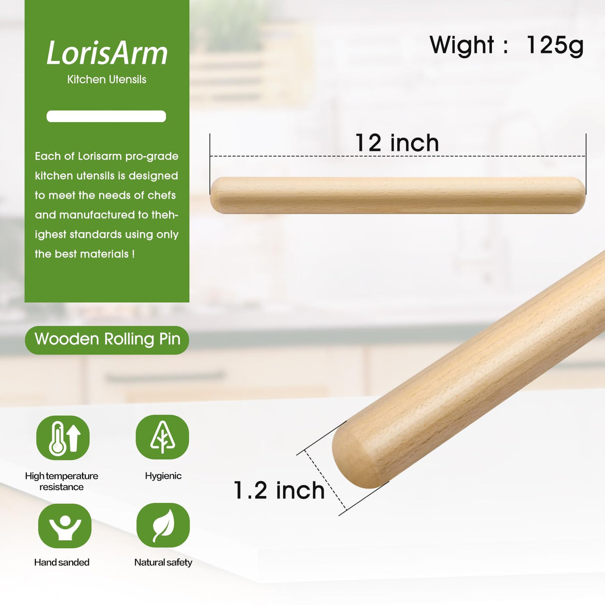 LorisArm 12-inch Wooden Rolling Pin for Baking, French Wood Rolling Pin Wood Kitchen Dough Roller for Fondant, Pizza, Pie, Cookie and Pastry LorisArm
