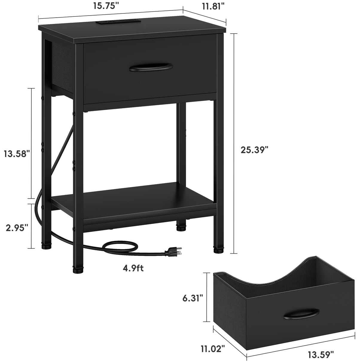 Vagusicc Nightstand Set of 2 with Charging Station, Bed Side Table with Fabric Drawer, Small End Table with 2-Tier Storage Shelves, 25.4" Tall Bedside Table, Black Night Stand for Bedroom, Living Room Vagusicc