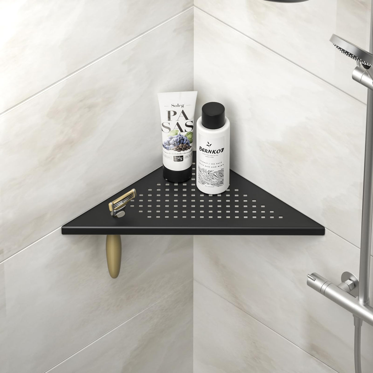Bernkot 10'' Corner Shower Shelf w/Soap Holder, 304 Stainless Steel Grout in Shelf for Bathroom, Recessed Shelf Rack for Tiled Wall, No Drilling Needed (Black) Bernkot