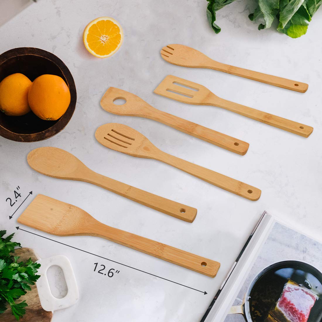 Bamboo Kitchen Cooking Utensils, 6 pcs Nonstick Cooking Spatula Tools with Handles, Heat Resistant Spatula Set, Non-stick Cooking Utensil, Premium Wooden Cooking Spoon Sets for Kitchen