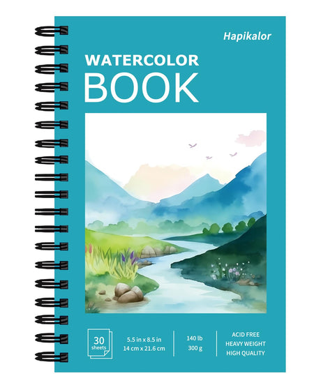 Hapikalor 5.5"x8.5"Watercolor Small Sketchbook for Kids, 30 Sheets (60 Pages) Spiral Bound, Water Color Paper, 140lb/300gsm Watercolor Paper, Watercolor Notebook, Watercolor Journal, Sketch Pad, Teal Hapikalor