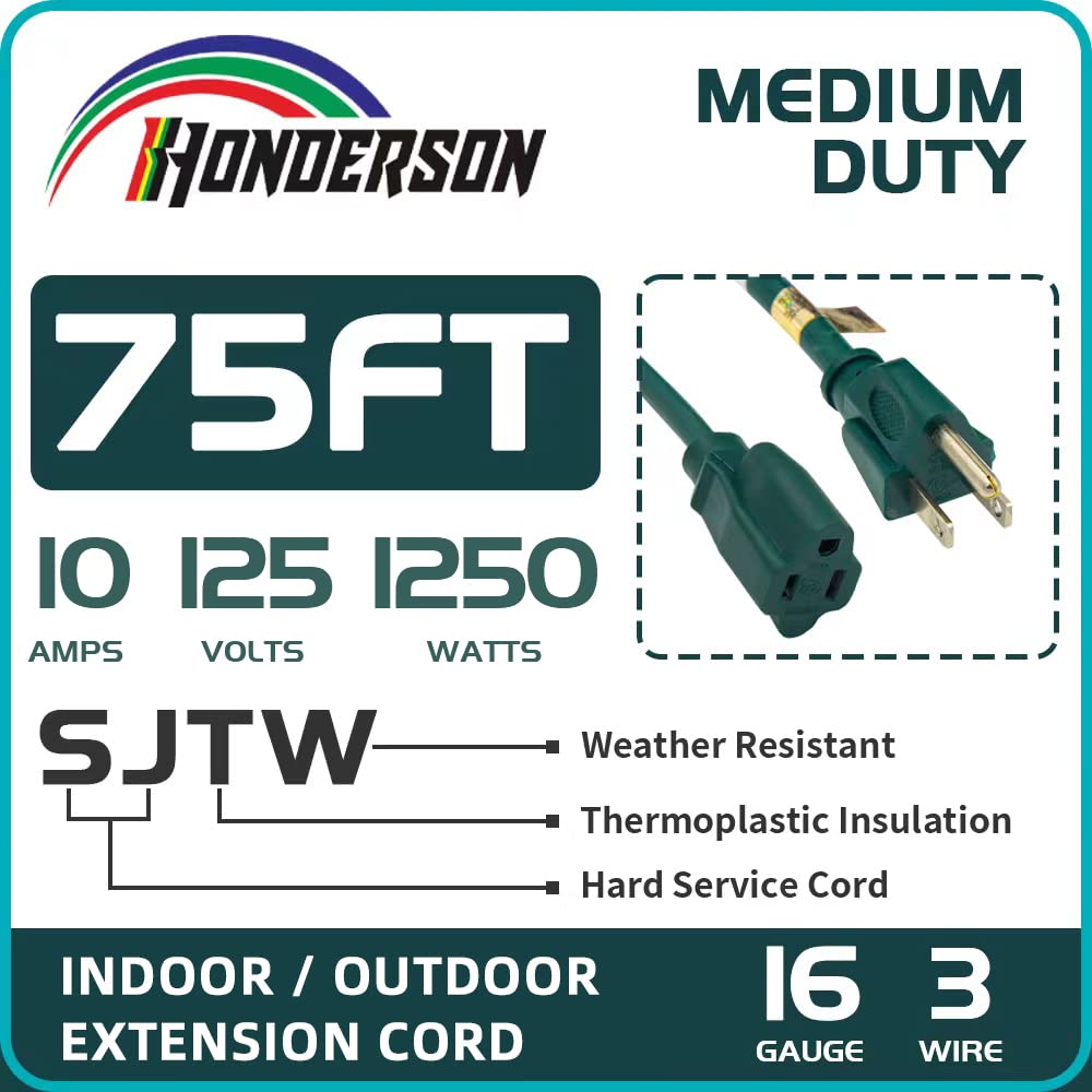 HONDERSON 75FT Outdoor Extension Cord-16/3 SJTW Durable Green Extension Cable with 3 Prong Grounded Plug for Safety,Great for Outside Christmas Decorations HONDERSON