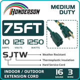 HONDERSON 75FT Outdoor Extension Cord-16/3 SJTW Durable Green Extension Cable with 3 Prong Grounded Plug for Safety,Great for Outside Christmas Decorations HONDERSON
