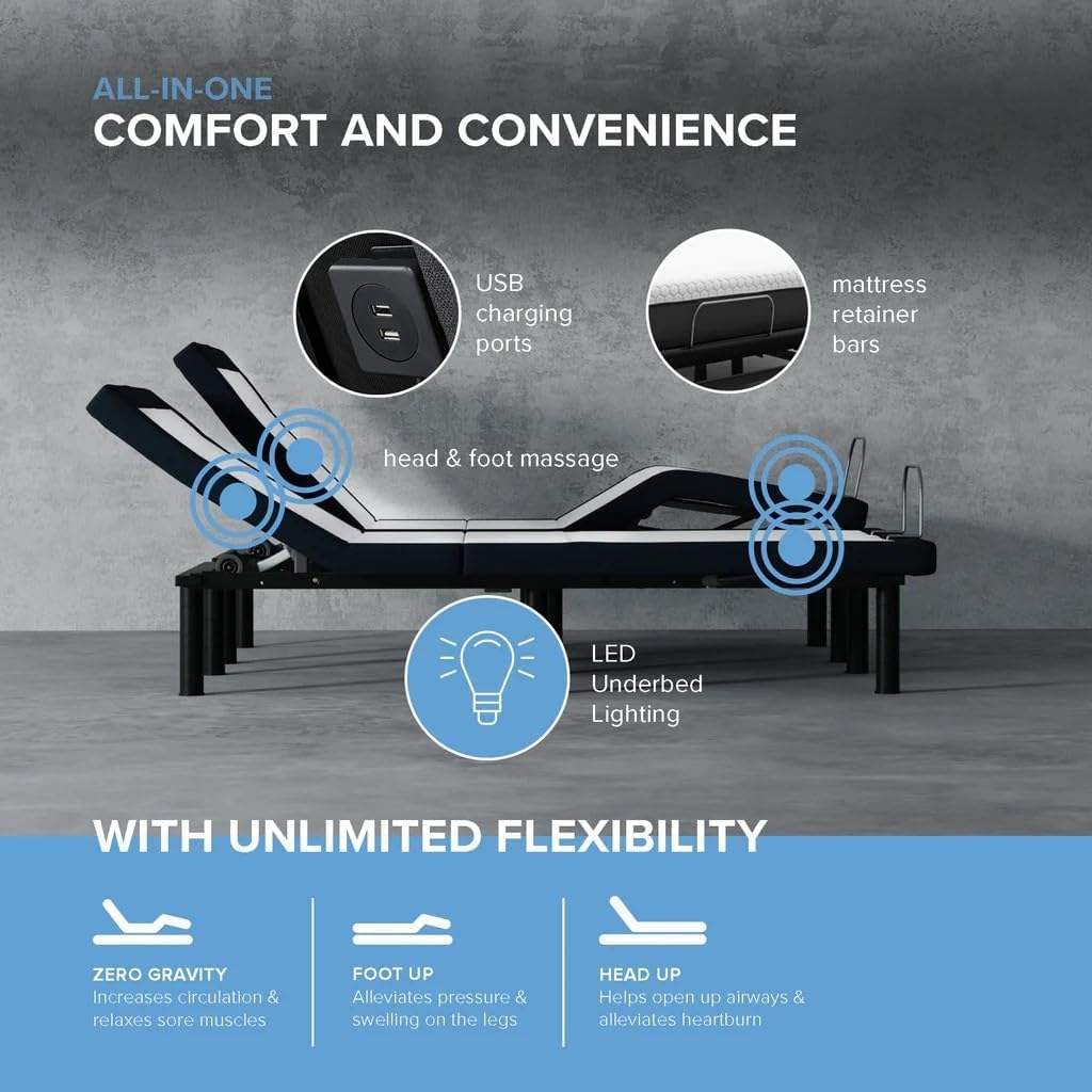 Blissful Nights z4 Adjustable Bed Frame for Storage Beds with Massage Anti-Snore, Zero G, USB Charging Station, Wireless Remote Head and Foot Incline and No Tools Required Assembly … (Split King) Blissful Nights
