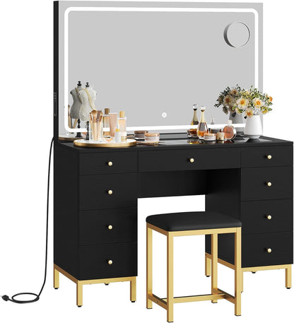 DWVO Large Black Makeup Vanity Desk Set with LED Mirror & Charger Station, Glass Top Vanity with 9 Drawers and Adjustable 3 Color Lighting Modes, Vanity Desk with Chair