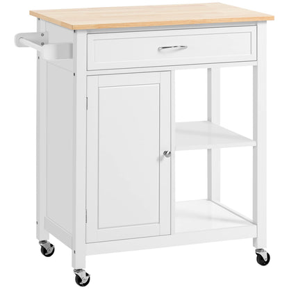 HOMCOM Kitchen Island Cart, Rolling Kitchen Island with Storage Shelf, Solid Wood Top, Drawer, for Dining Room, White