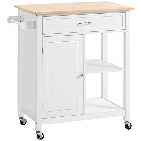 HOMCOM Kitchen Island Cart, Rolling Kitchen Island with Storage Shelf, Solid Wood Top, Drawer, for Dining Room, White HOMCOM