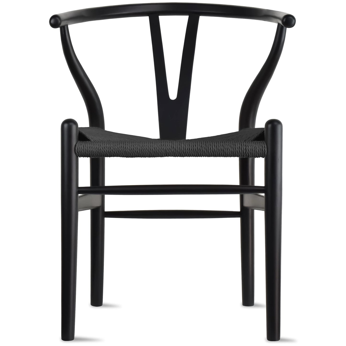 2xhome - Wishbone Solid Wood Armchair with Arms Open Y Back Farmhouse Dining Office Chair with Woven Black Seat (Black), Single, Set of 1