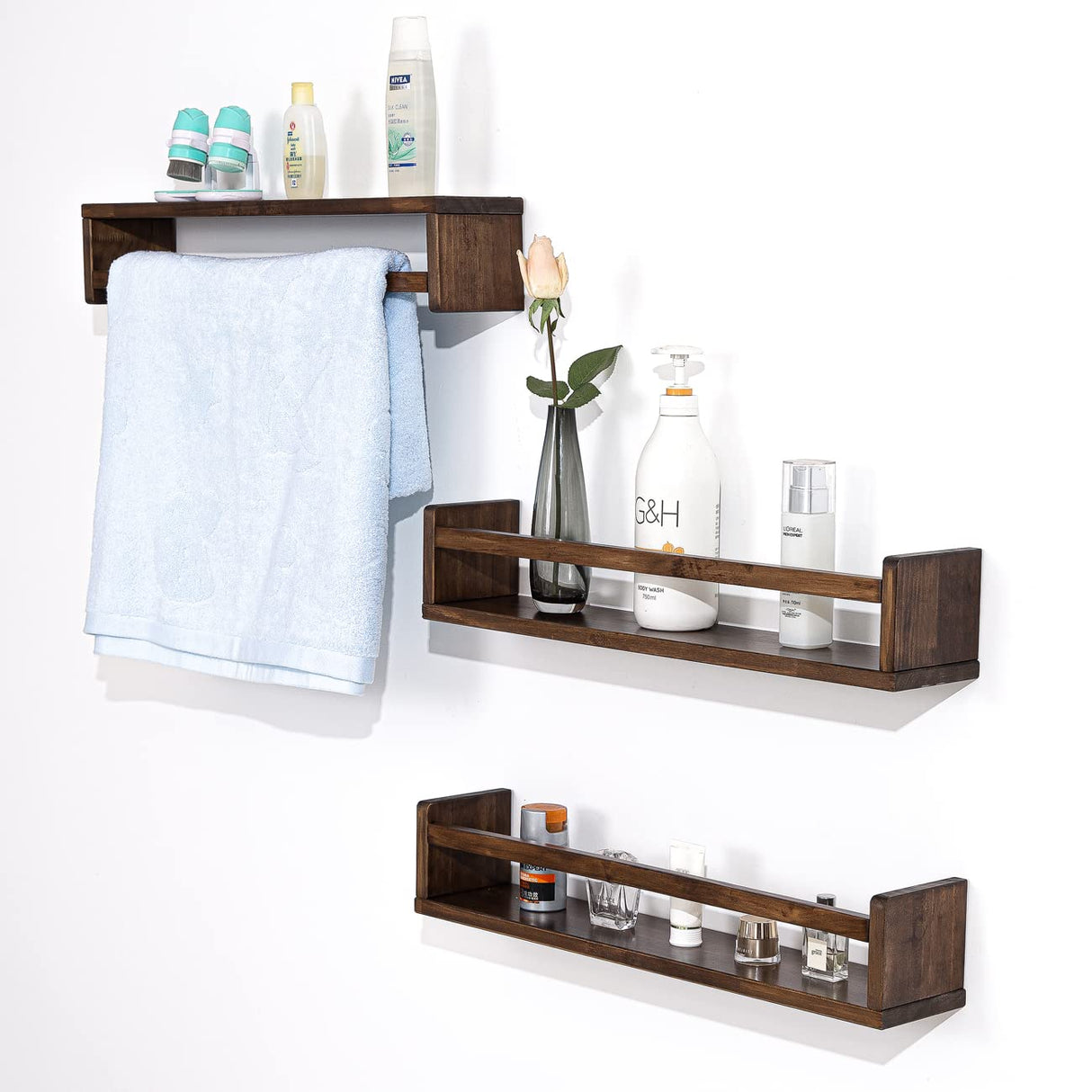 AZSKY Nursery Book Shelves 24 in Set of 3 Walnut Floating Bookshelf for Kids Room Wall Mounted Floating Shelves Solid Nursery Bookshelf Perfect Decor for Kitchen Bedroom Living Room AZSKY