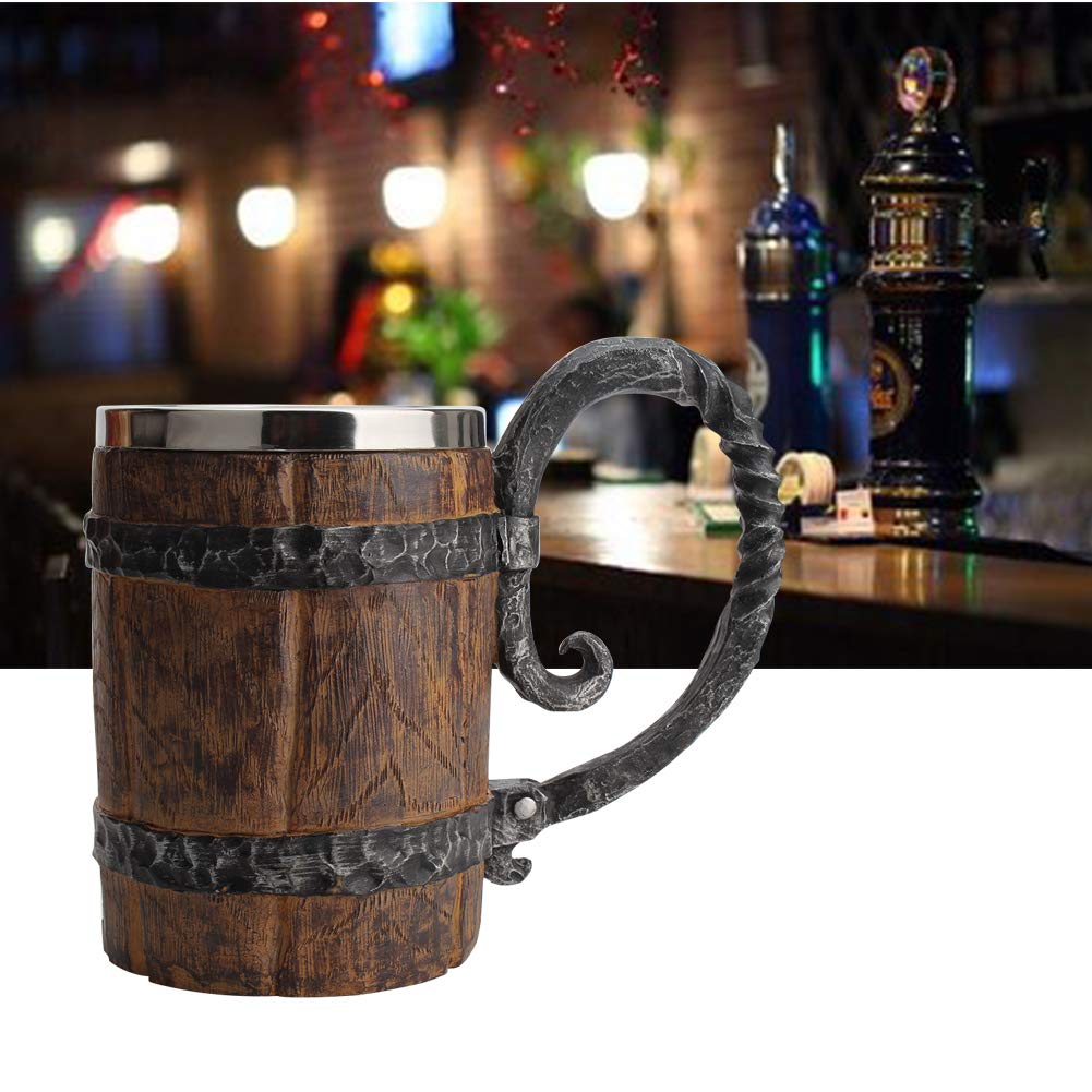 Wooden Barrel-Beer Mug, 650 ml Wood Stainless Steel Cup, Carving Beer Mug, Double Wall Cocktail Mug for Bar Restaurant, Handmade Retro Brown, Gift for Men - WoodArtSupply